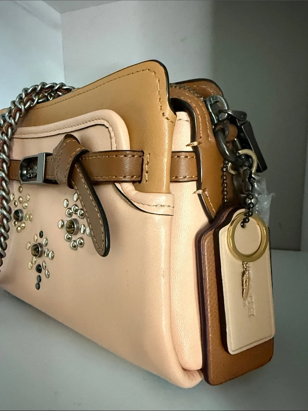 Coach Restored Kate Carryall Peach and Tan Studded Floral Leather Crossbody EUC